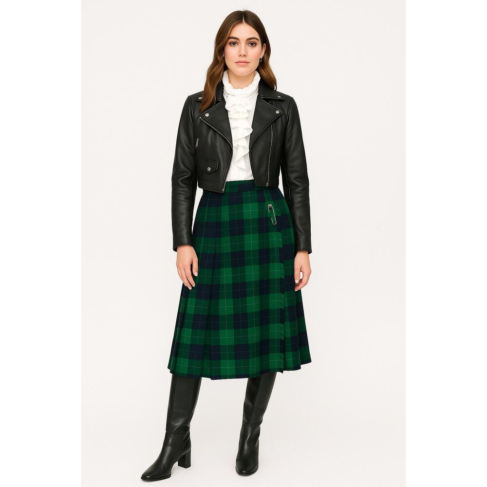 VTG Wool Tartan Kilt Skirt Plaid Wrap Midi Preppy Dark Academia Green Navy